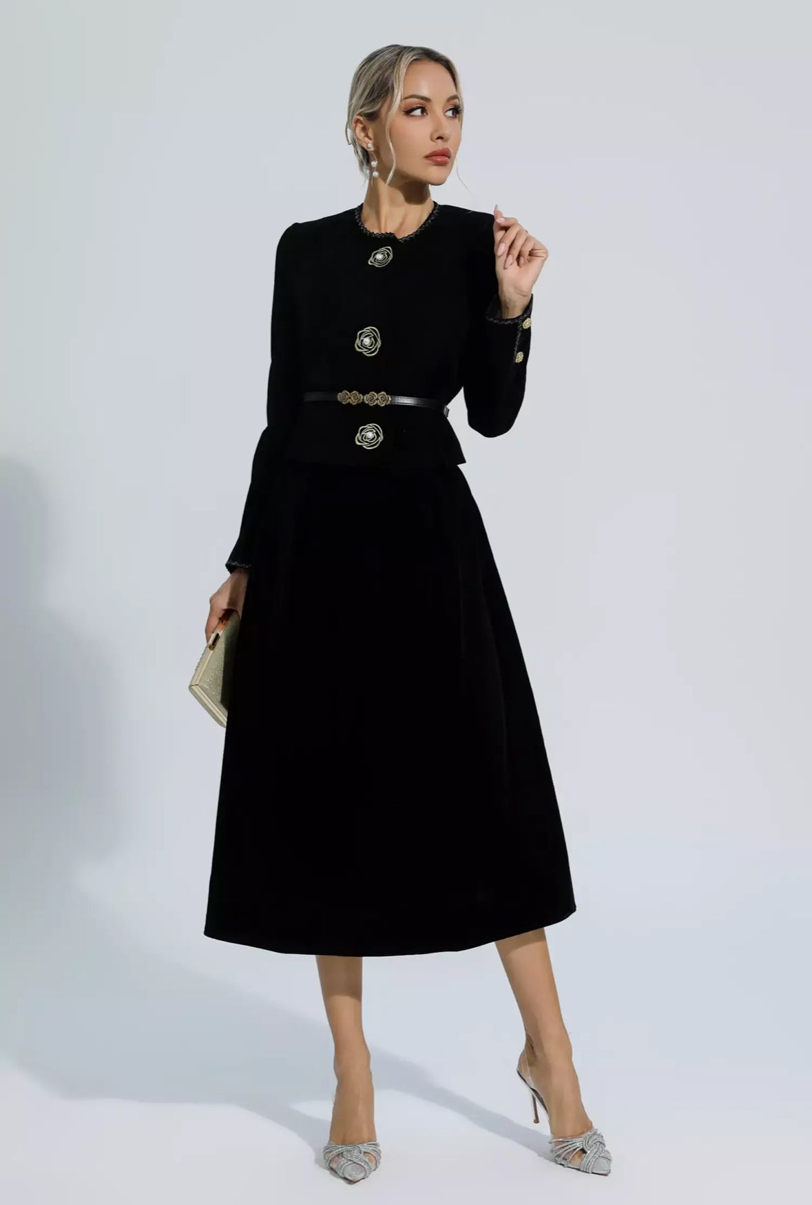 Flower buttons woolen blazer & skirt set