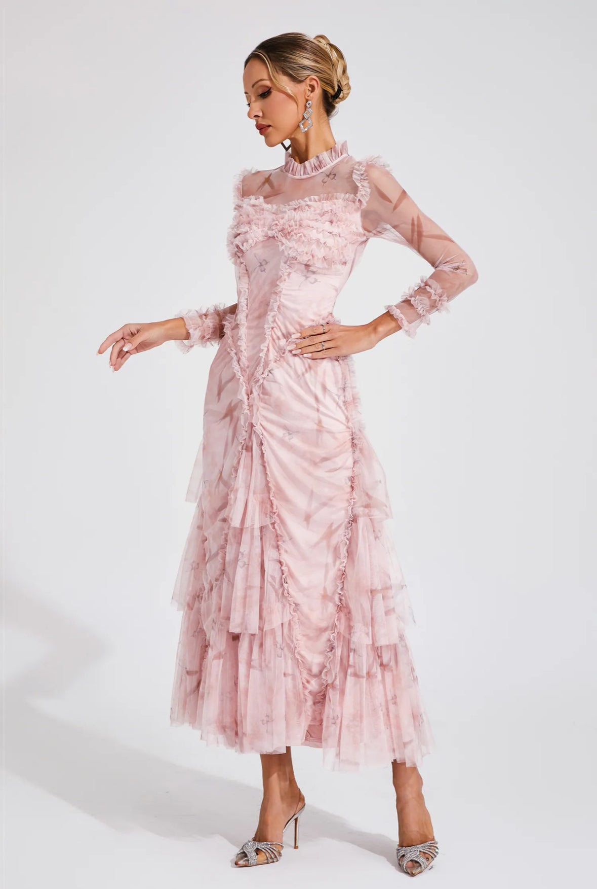 Pink mesh ruched maxi dress