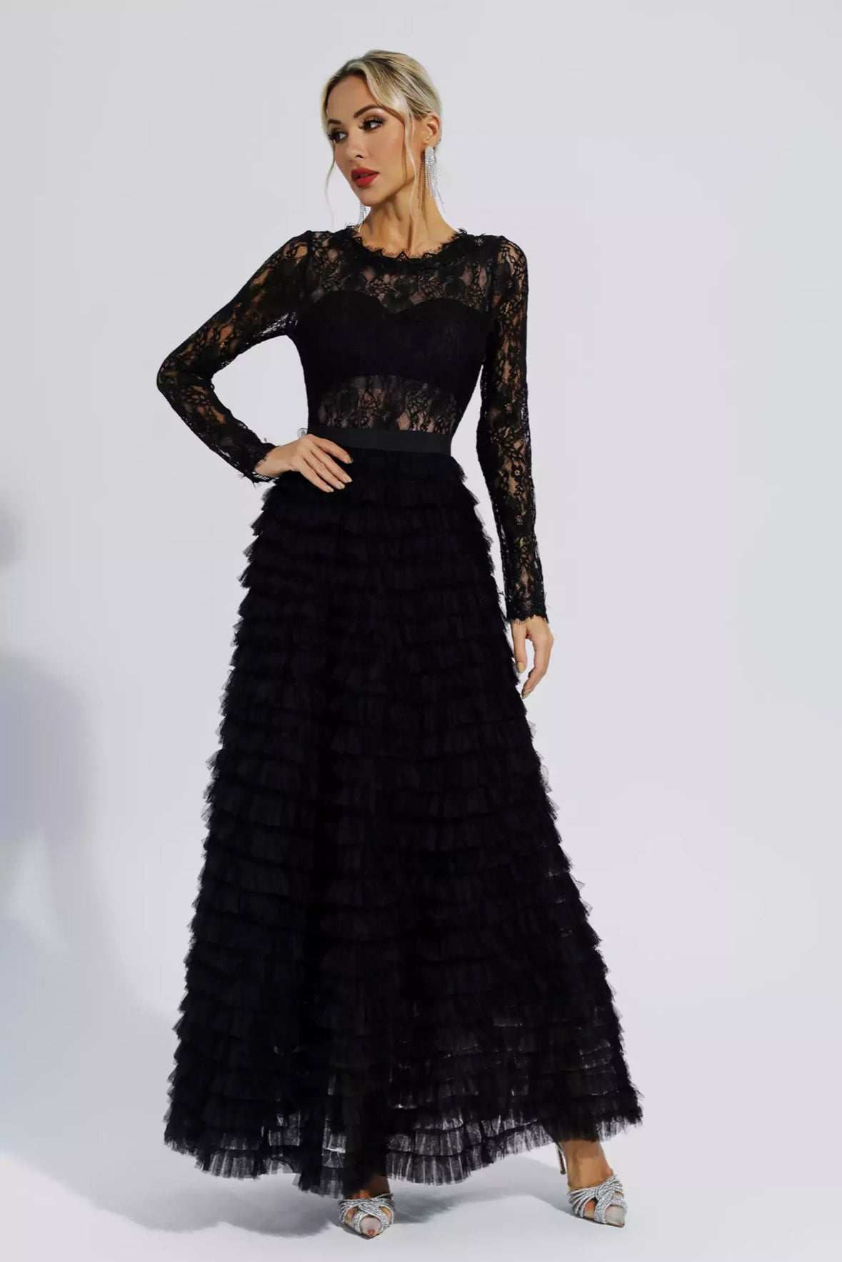 Lace black tulle maxi dress