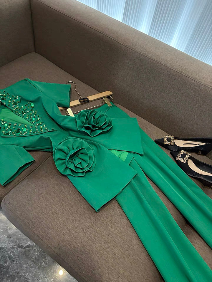 Camélia Flower Blazer Green Suit Set