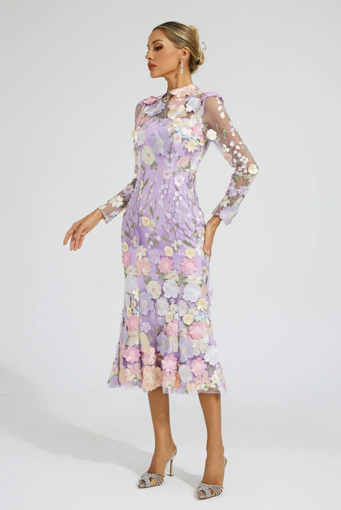 Purple flower embroidered midi dress