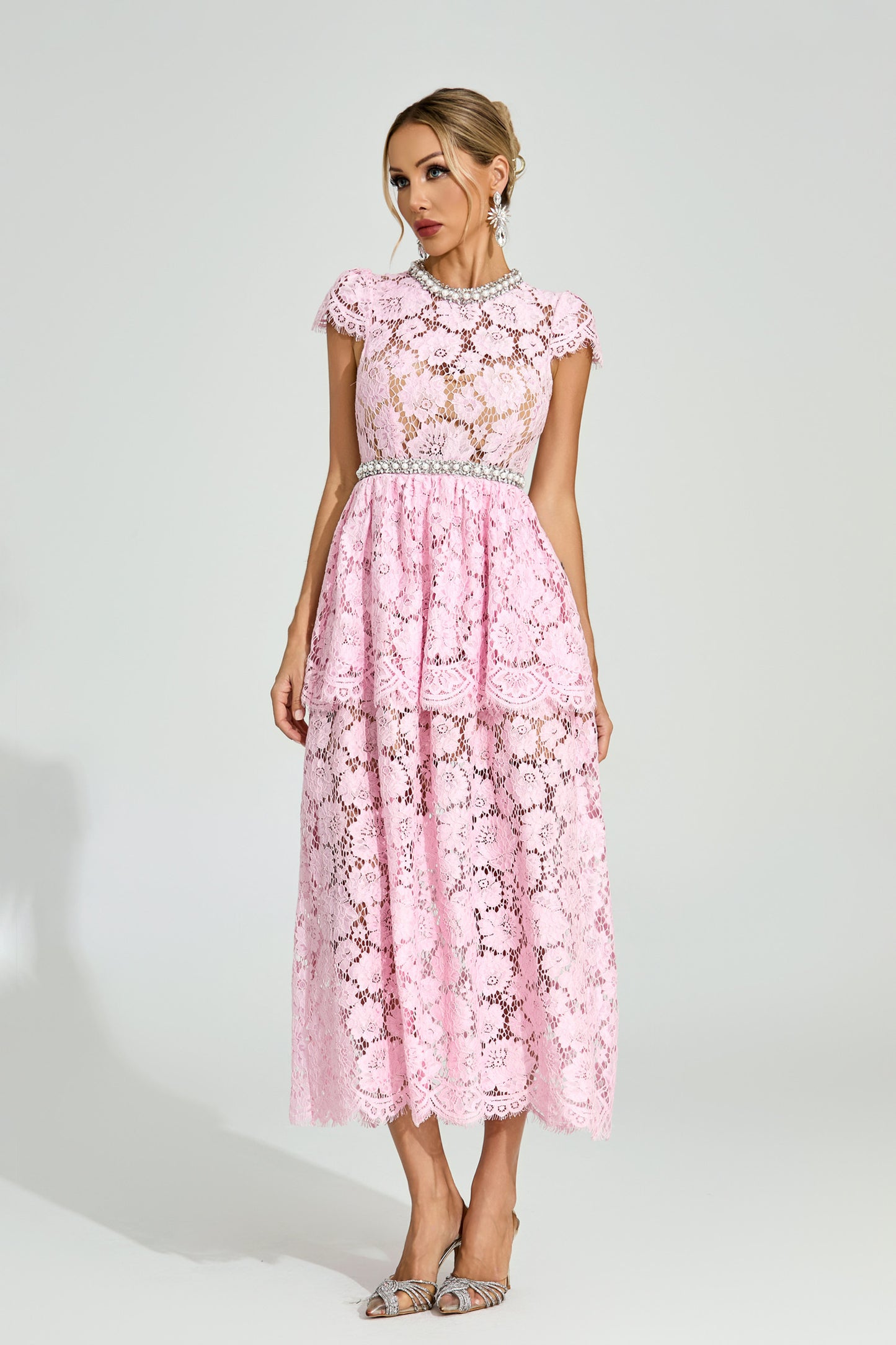 Lila Pink Lace Crystal Trim Midi Dress