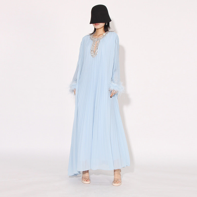 Crystal & feathers embellished blue maxi dress