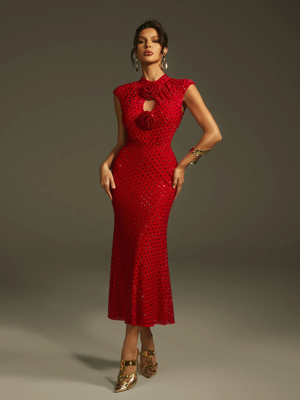 Scarlet Crystal Rose Midi Dress