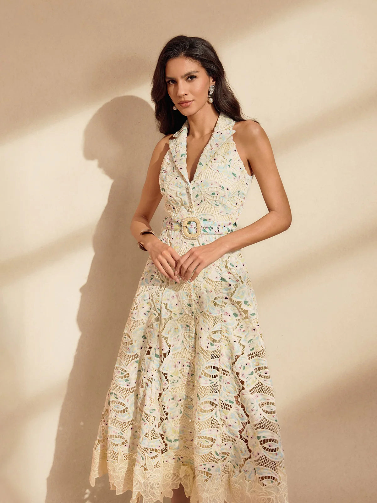 Pastel Bloom Lace Midi Dres