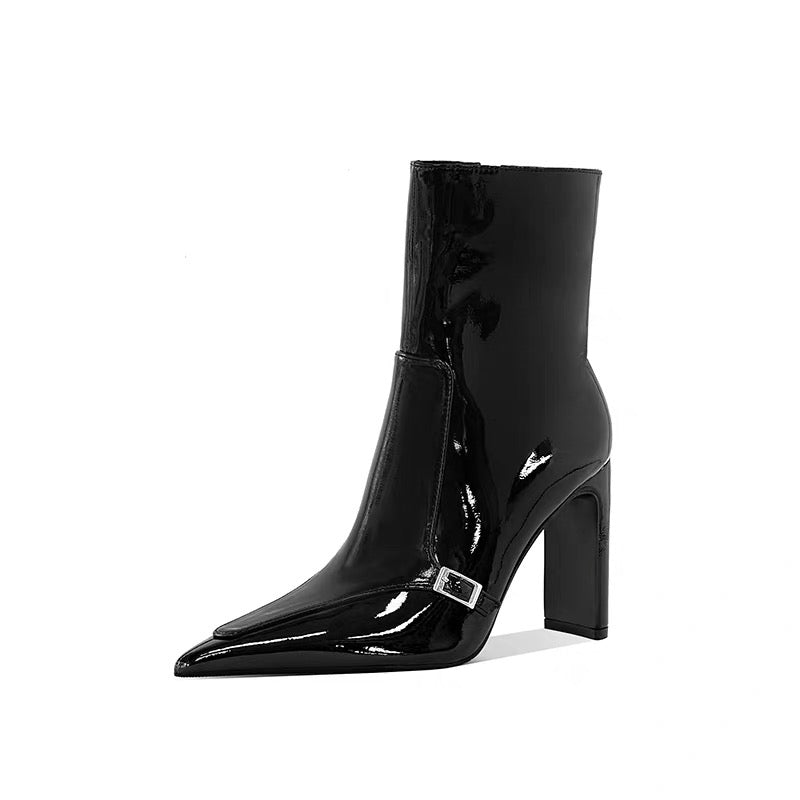 Vega Patent Buckle Boots – Glossy Block Heel