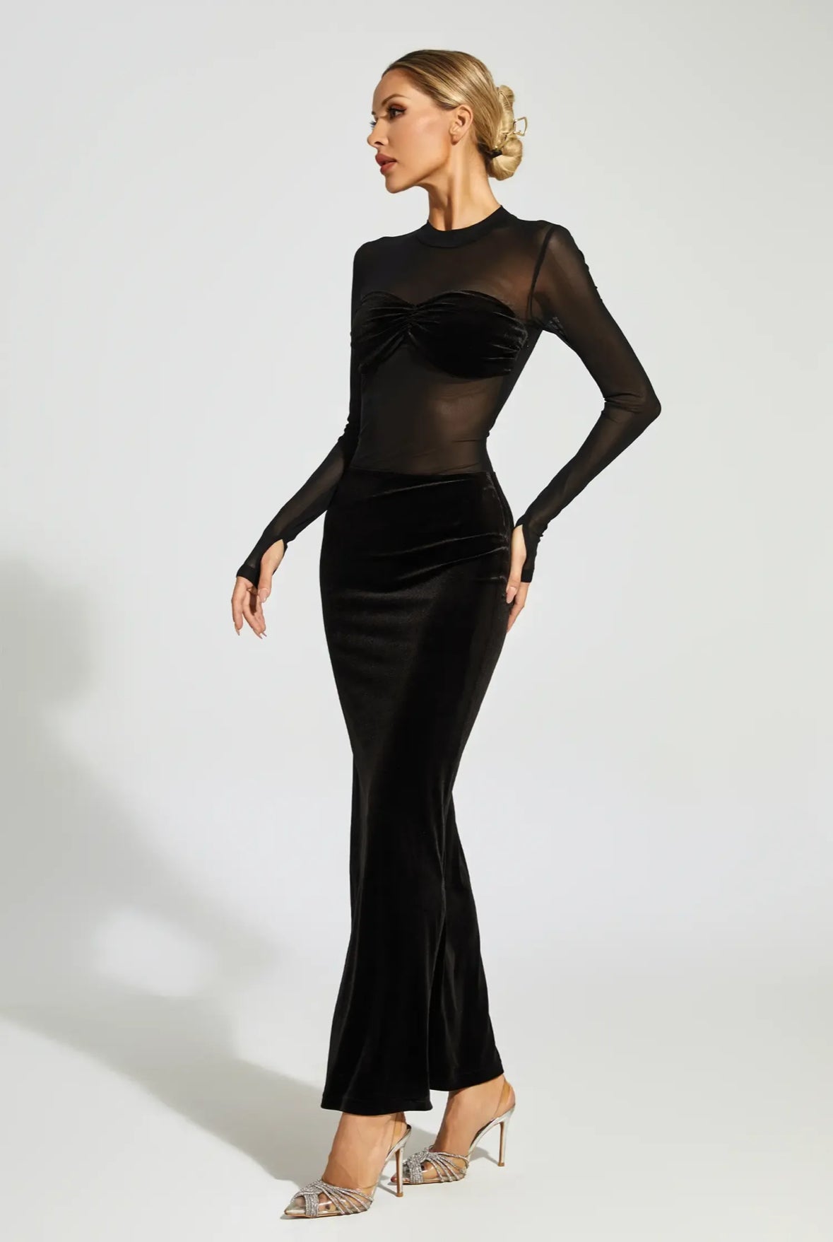 Black velvet mesh maxi dress