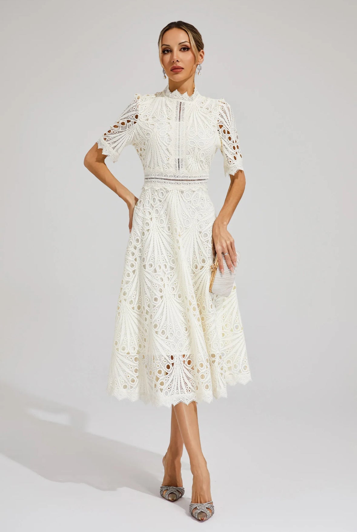 Cutout lace white midi dress