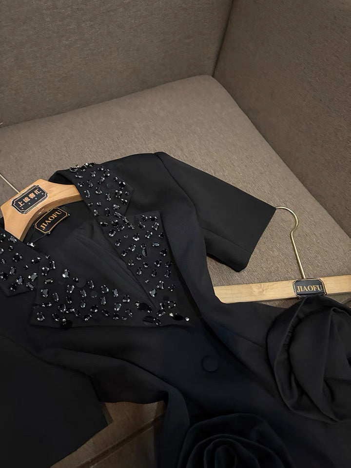 Camélia Flower Blazer Black Suit Set
