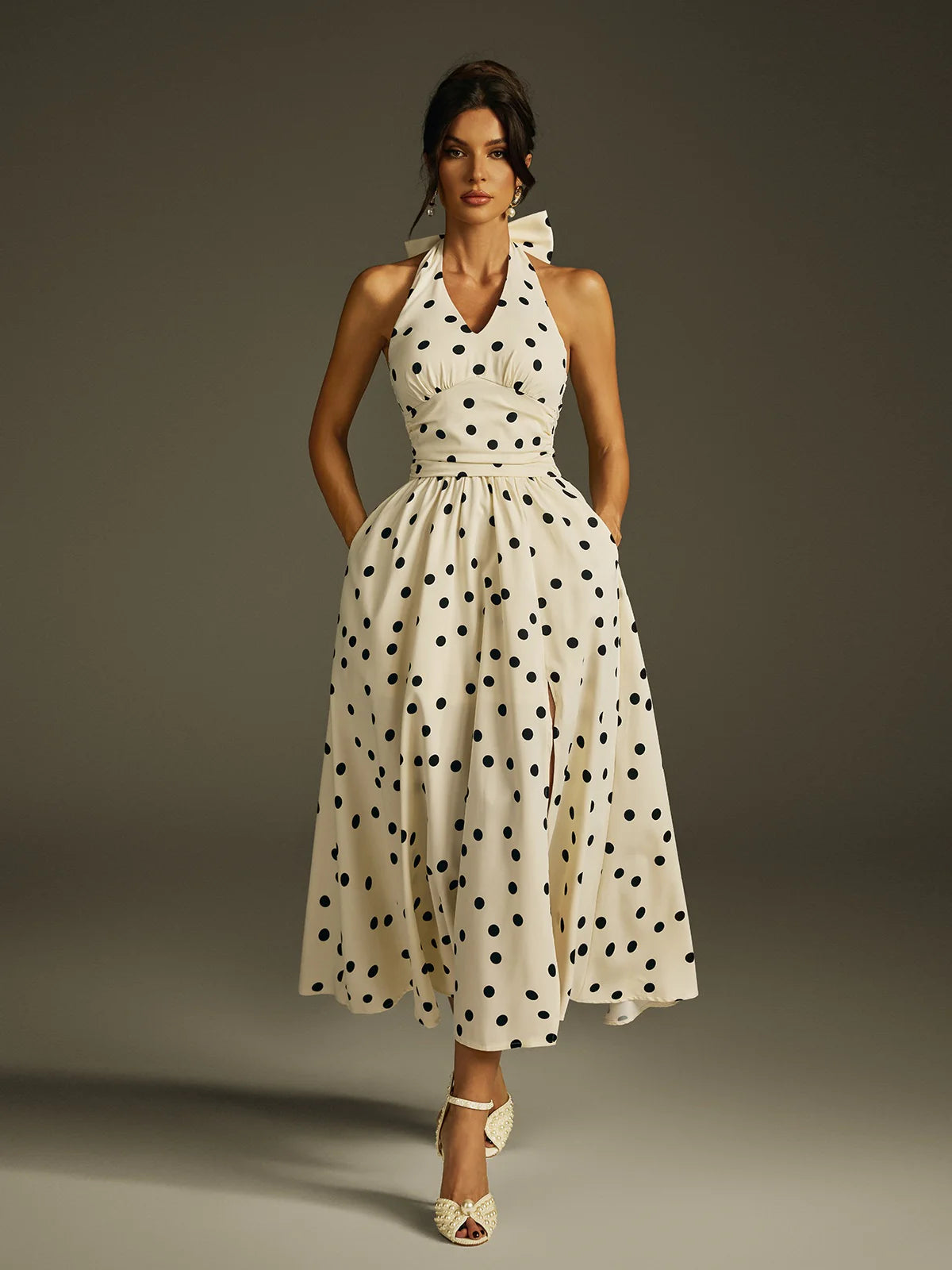 Colette Polka Bow Halter Midi Dress