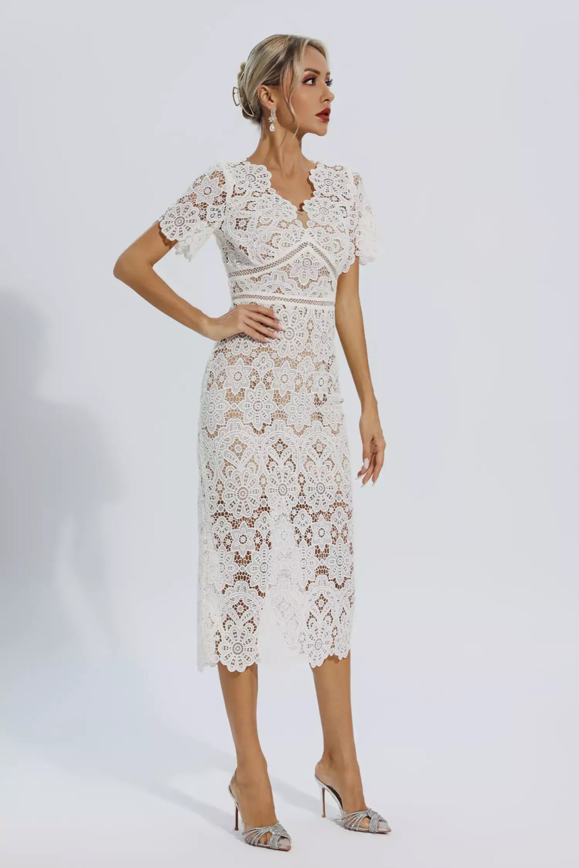 White lace cutout midi dress