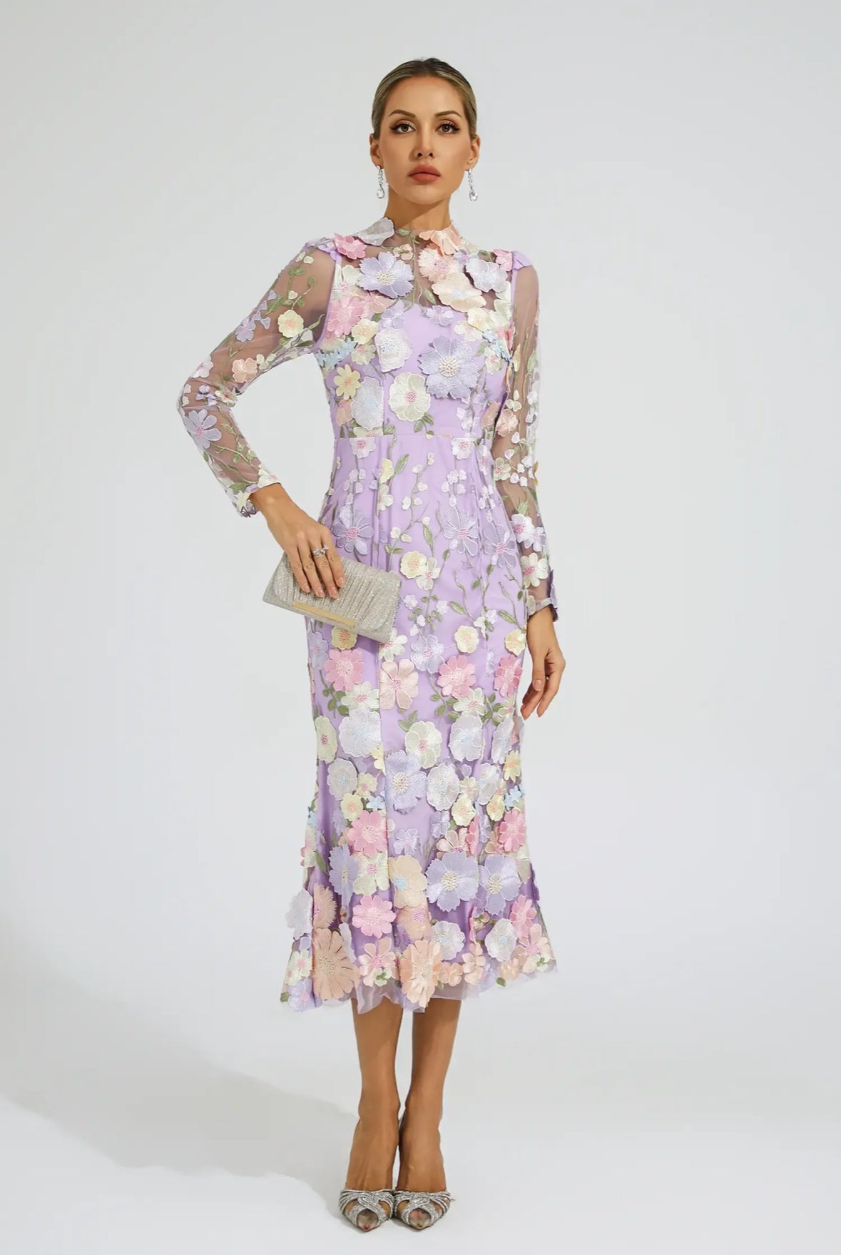 Purple flower embroidered midi dress
