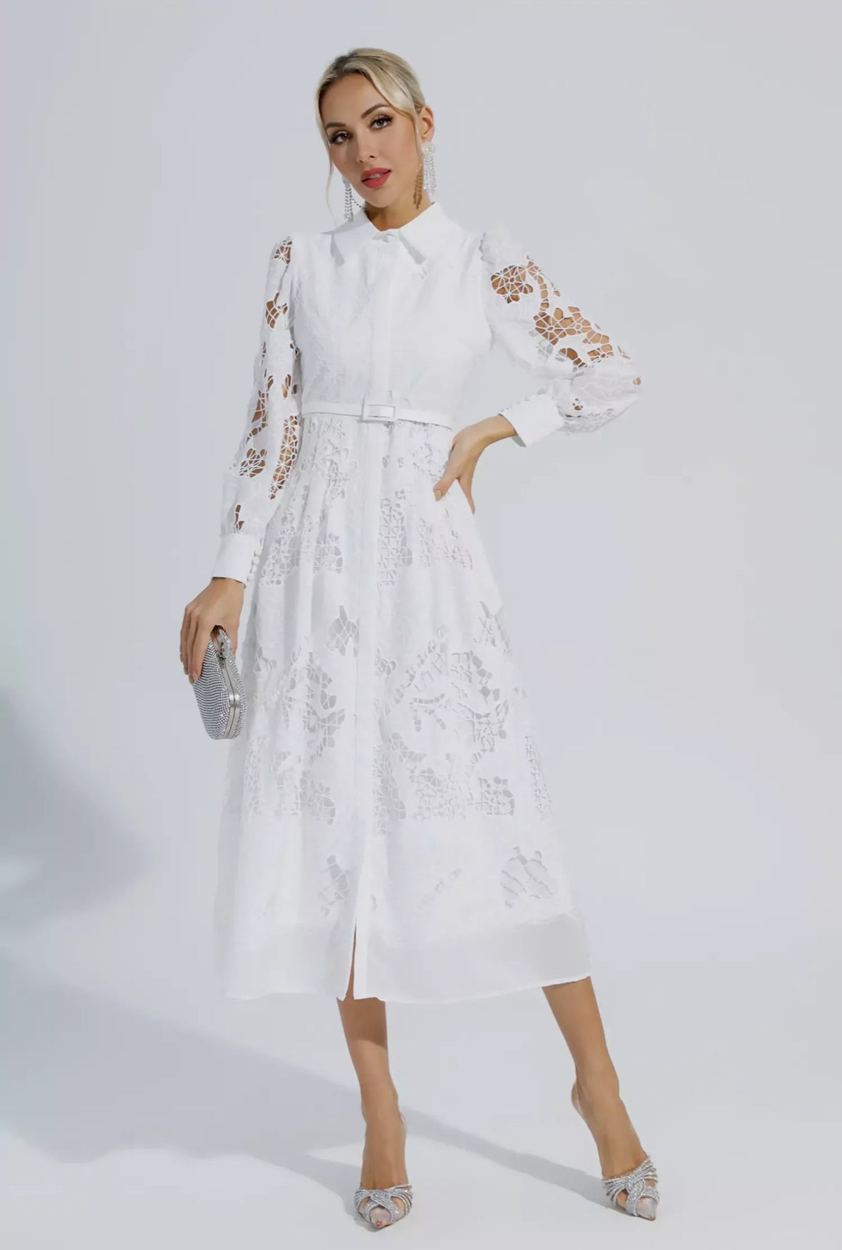 White belted lace midi dress
