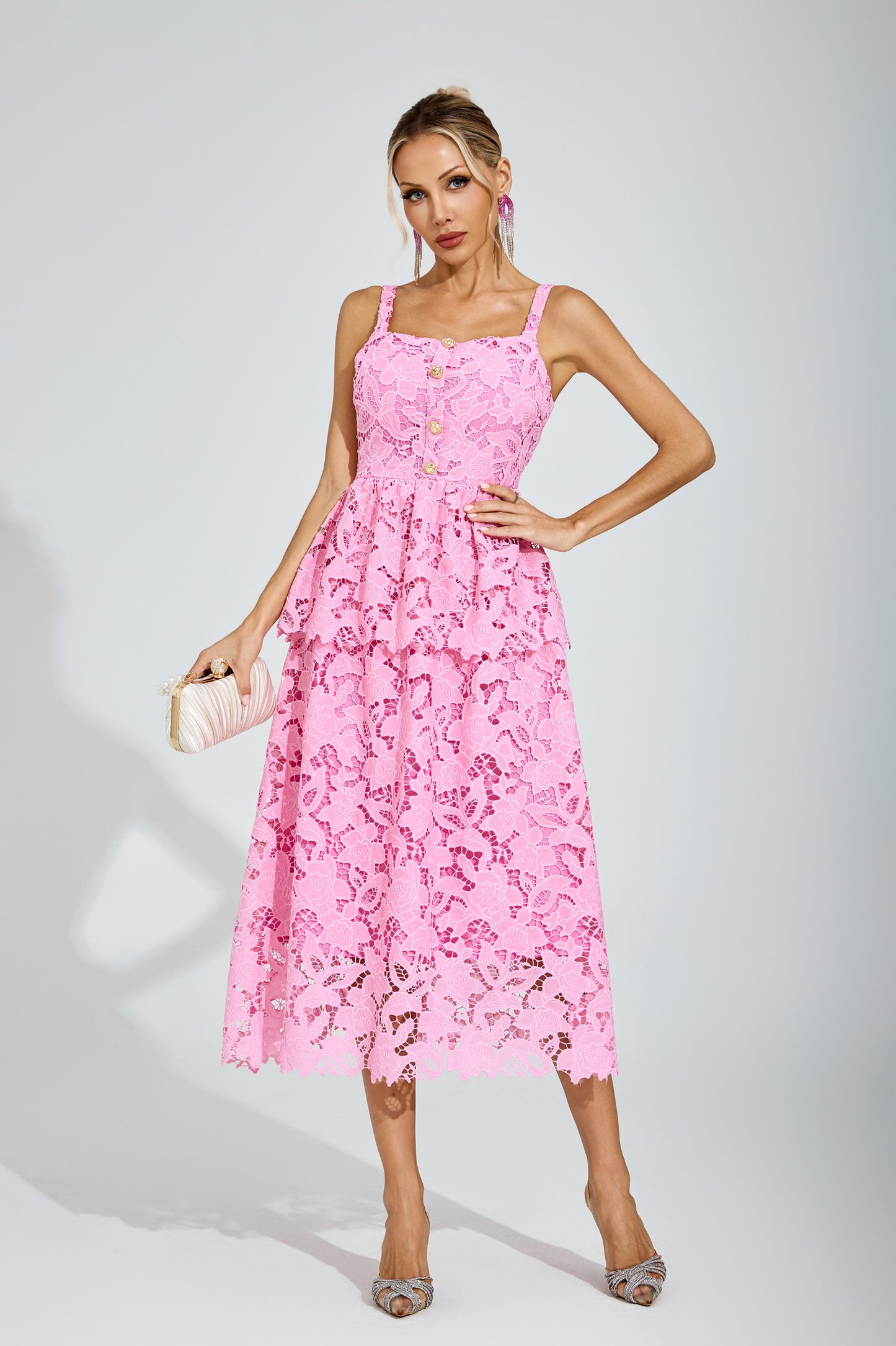 Amélie Pink Lace Peplum Midi Dress