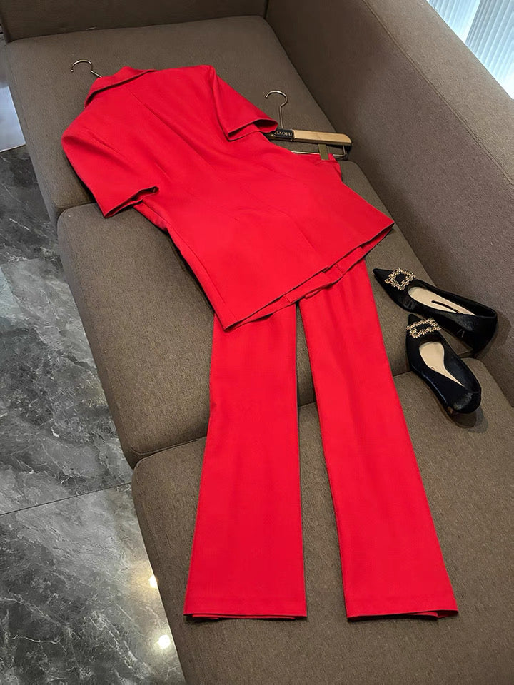 Camélia Flower Blazer Red Suit Set