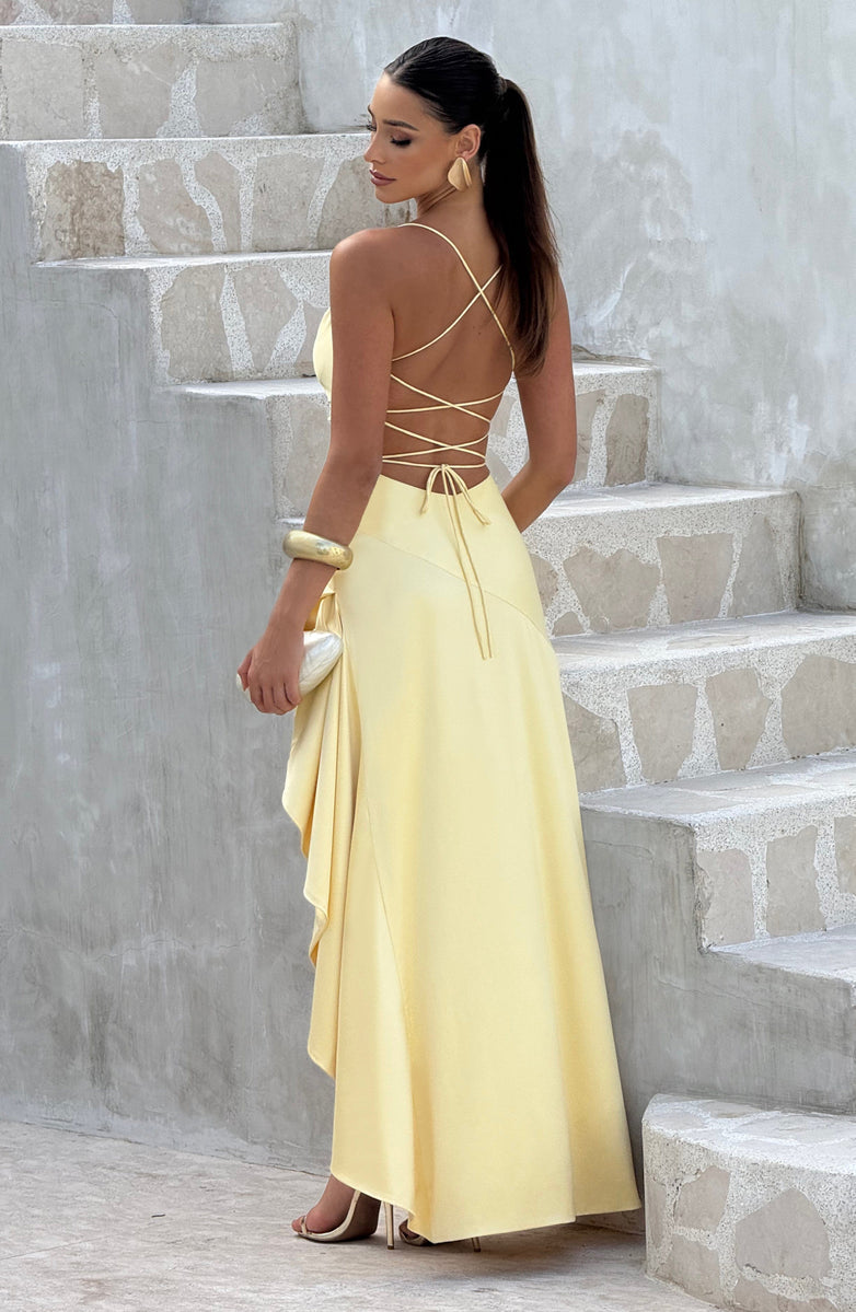 Soleil Draped High-Low Satin Gown