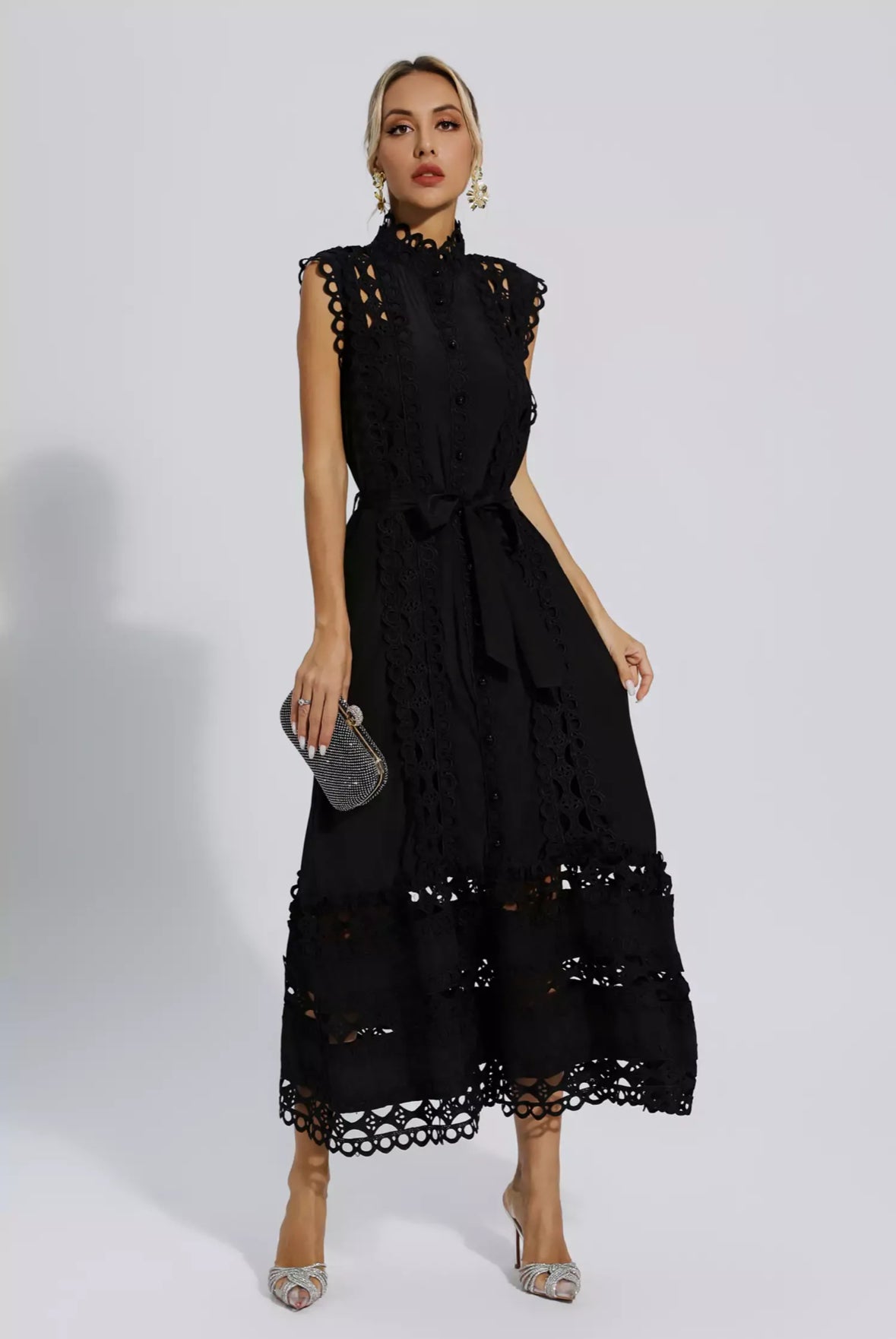 White hollow lace maxi dress