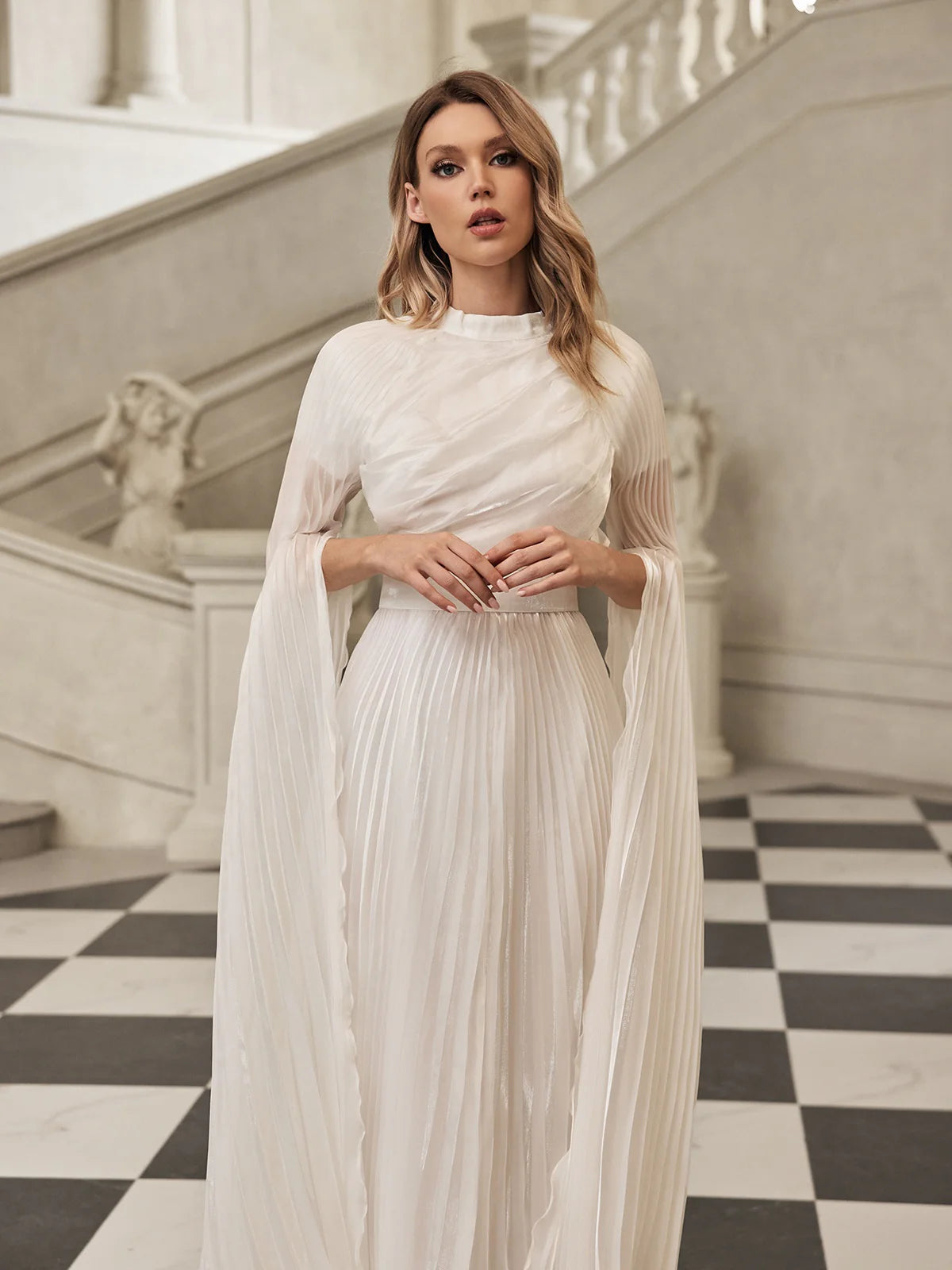 Celeste Pleated Wing-Sleeve Gown