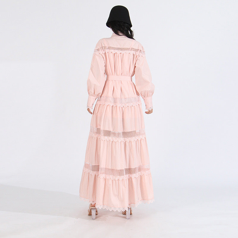 Pink belted long sleeves maxi dress