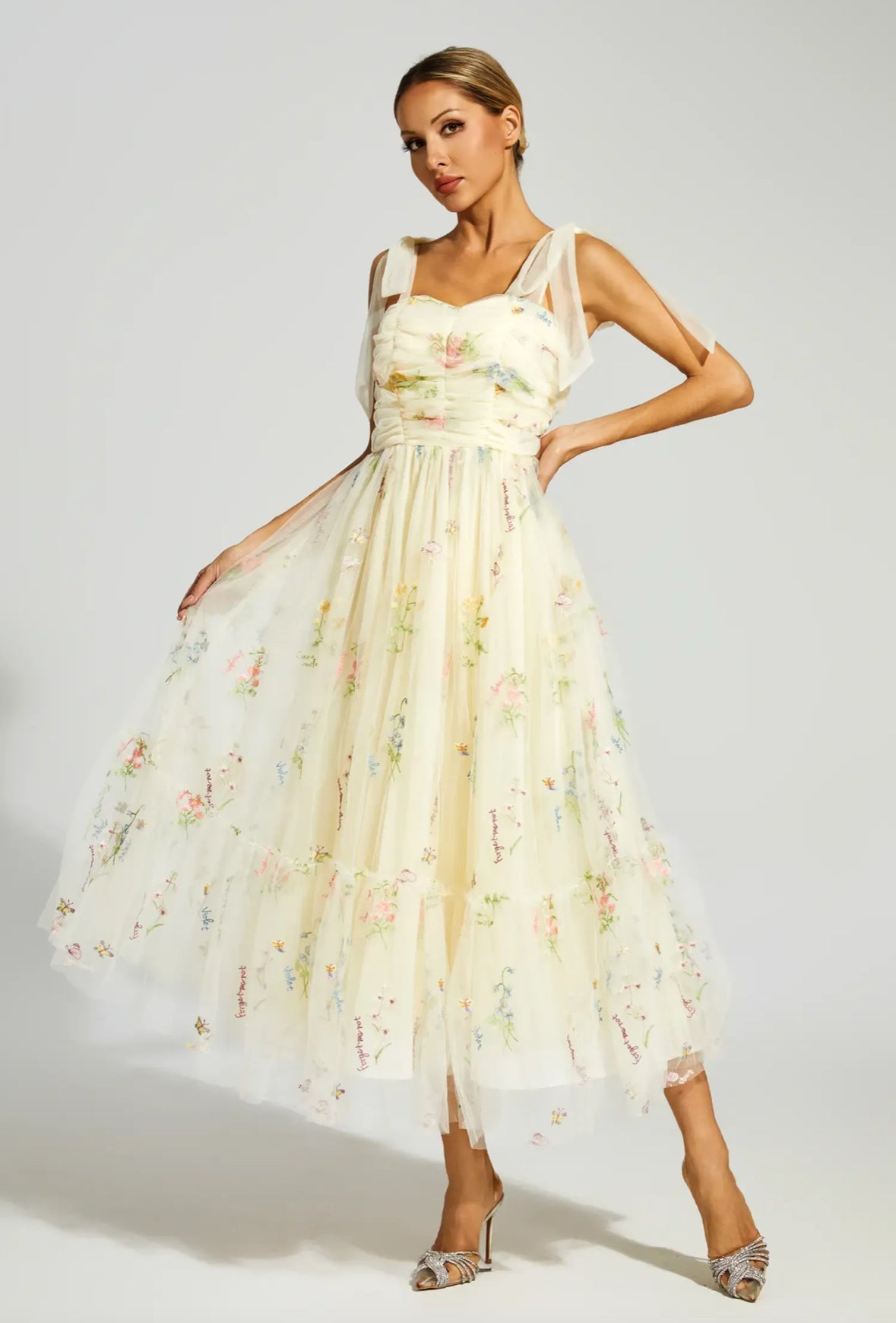Pale yellow mesh floral midi dress