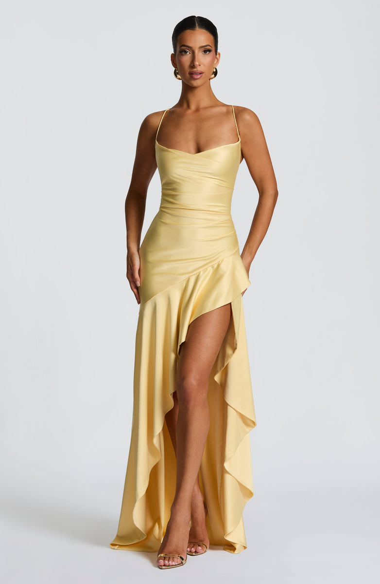 Soleil Draped High-Low Satin Gown