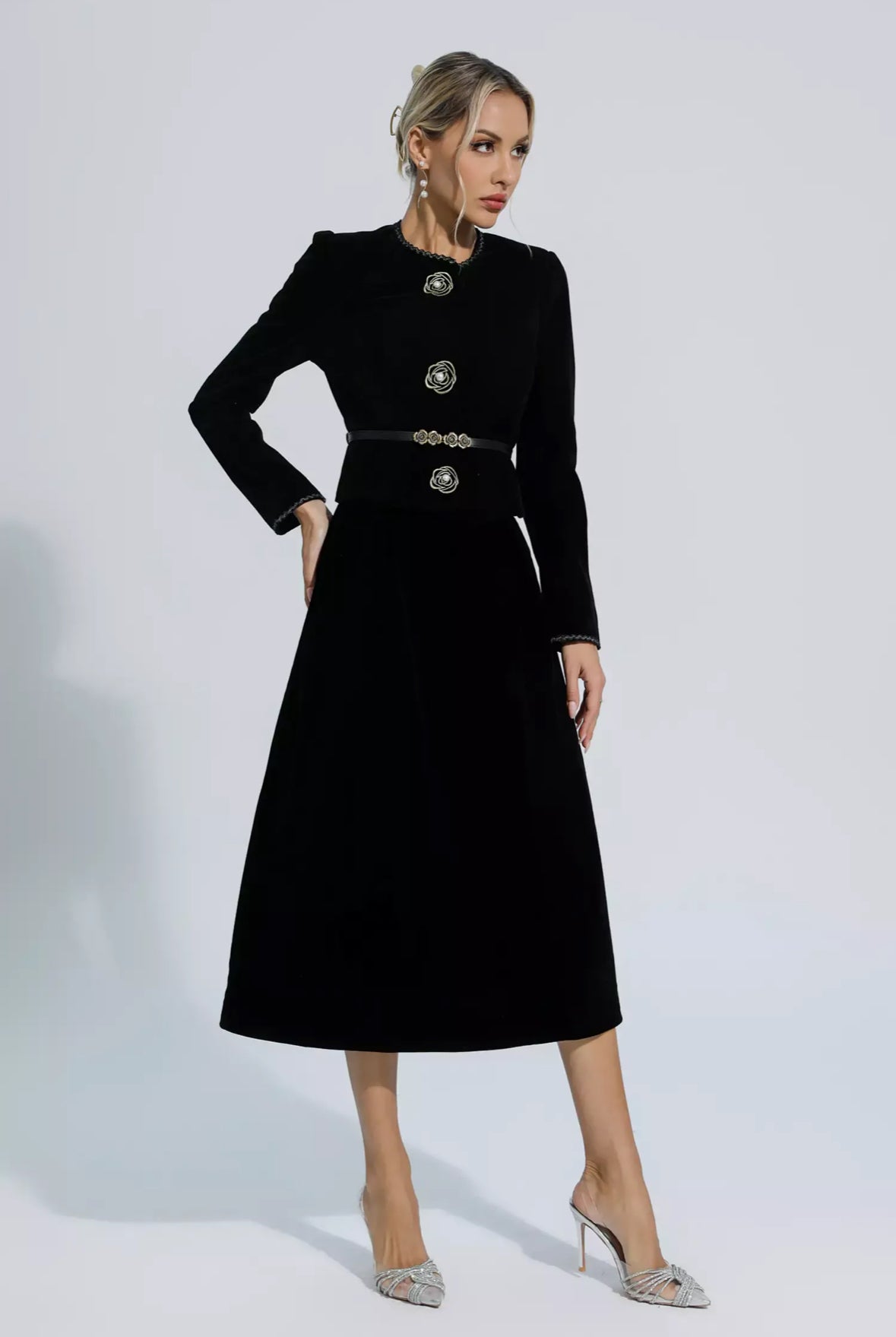 Flower buttons woolen blazer & skirt set