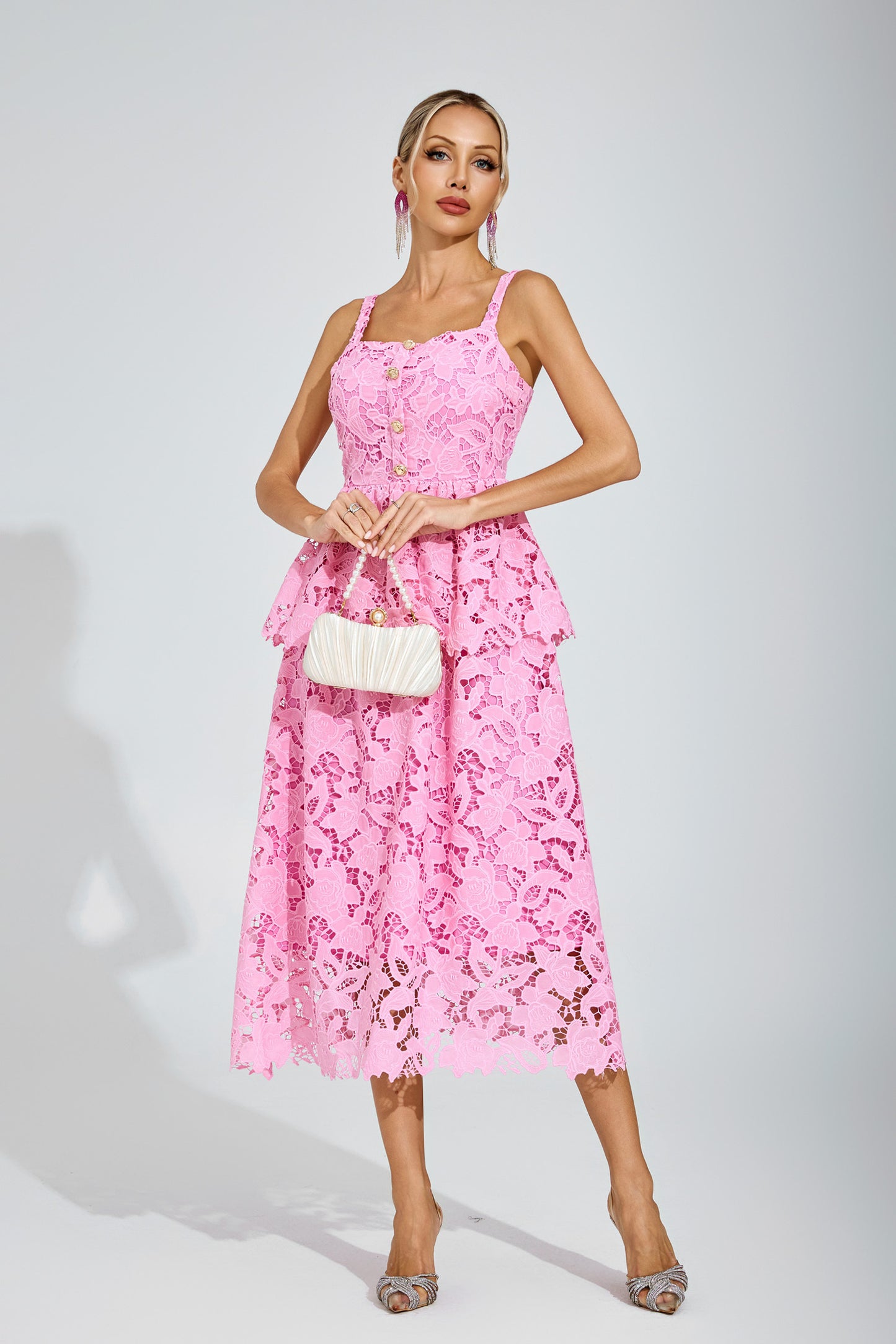 Amélie Pink Lace Peplum Midi Dress