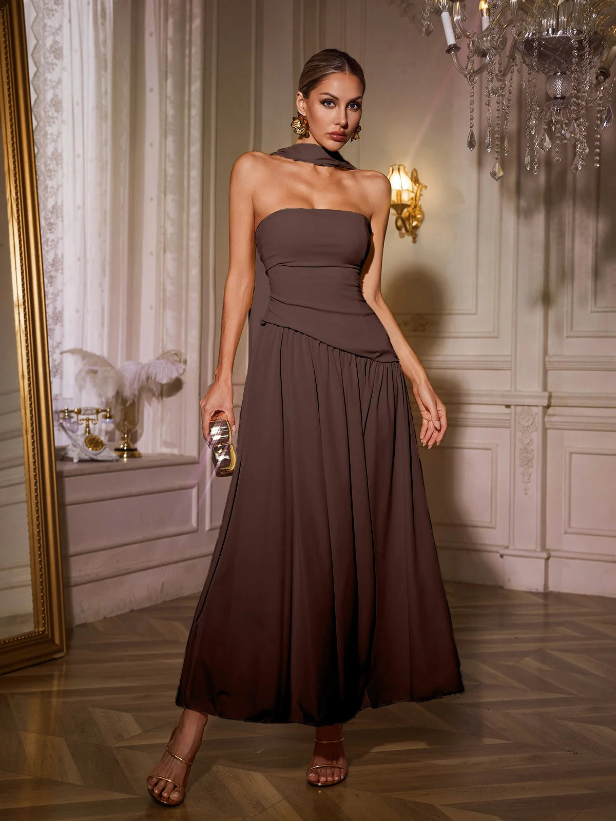 Chocolate Brown yellow Slit Maxi Dress