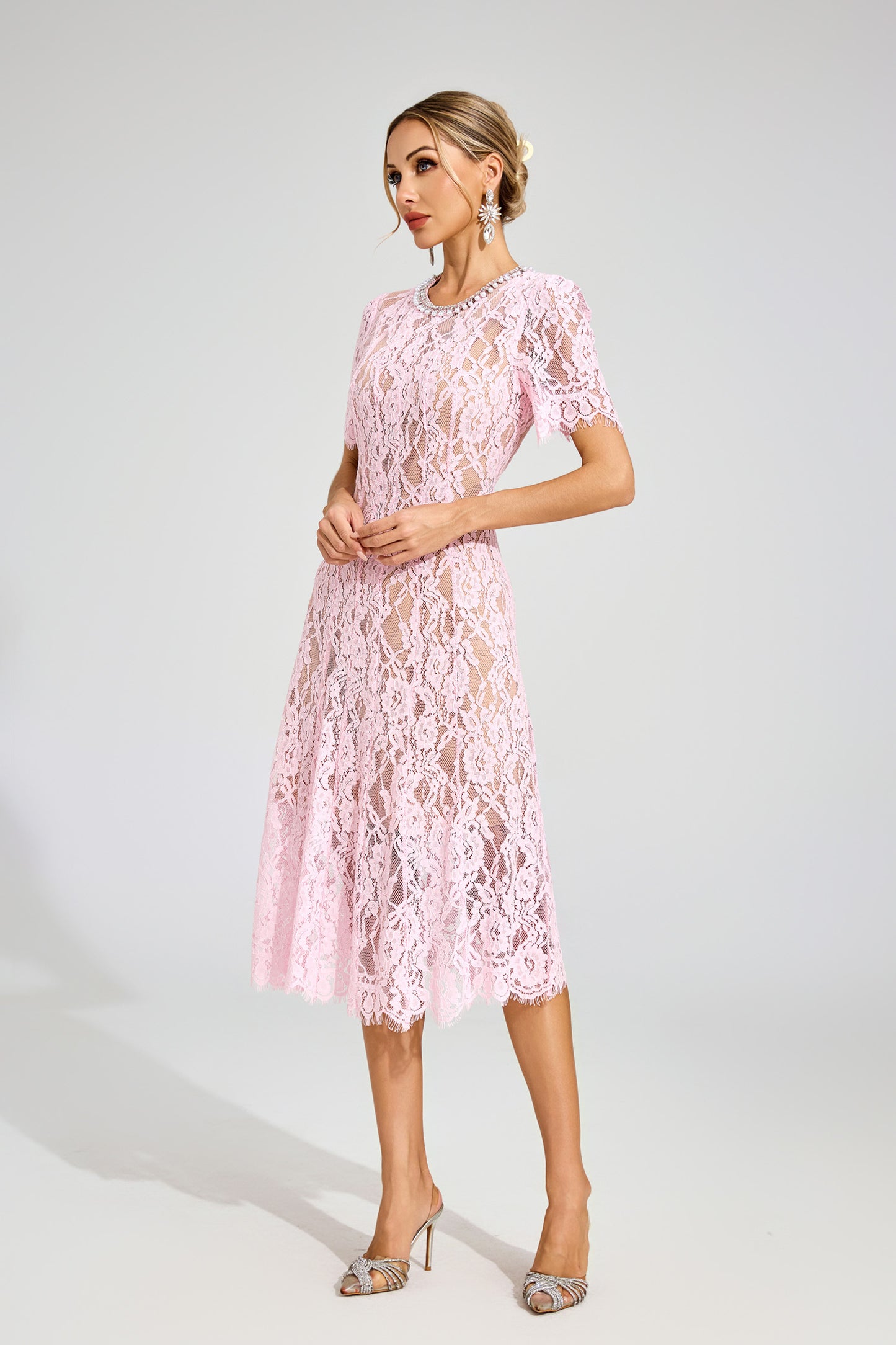 Jolie Sheer Pink Lace Midi Dress
