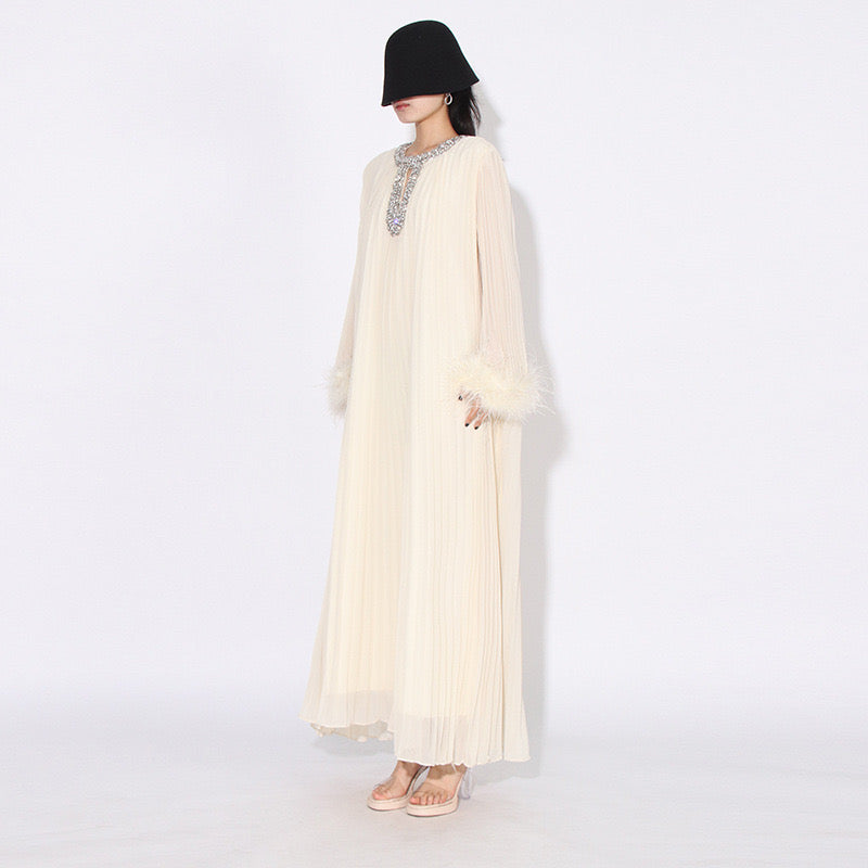 Crystal & feathers embellished maxi dress