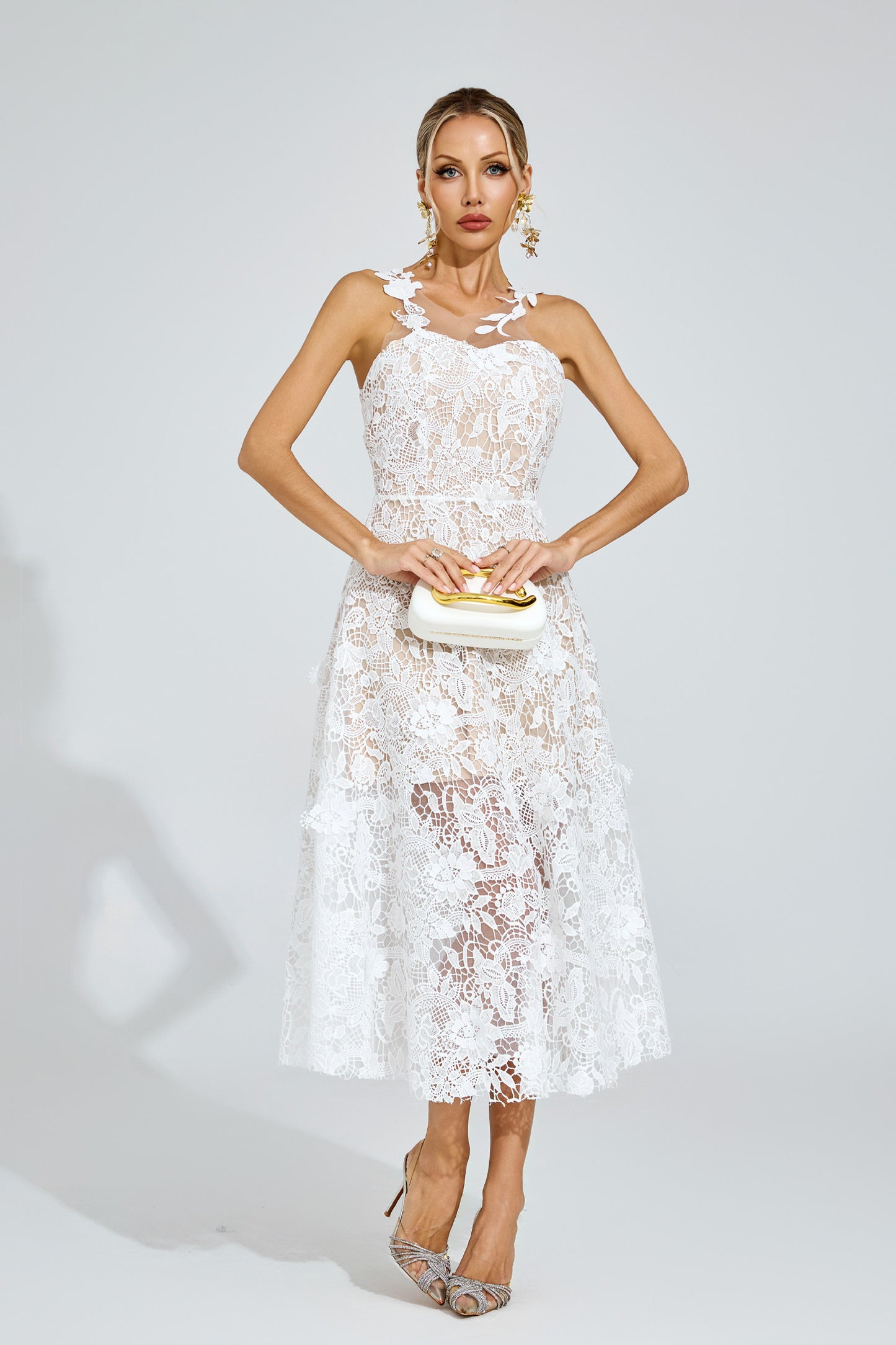 Amélie White Floral Lace Midi Dress