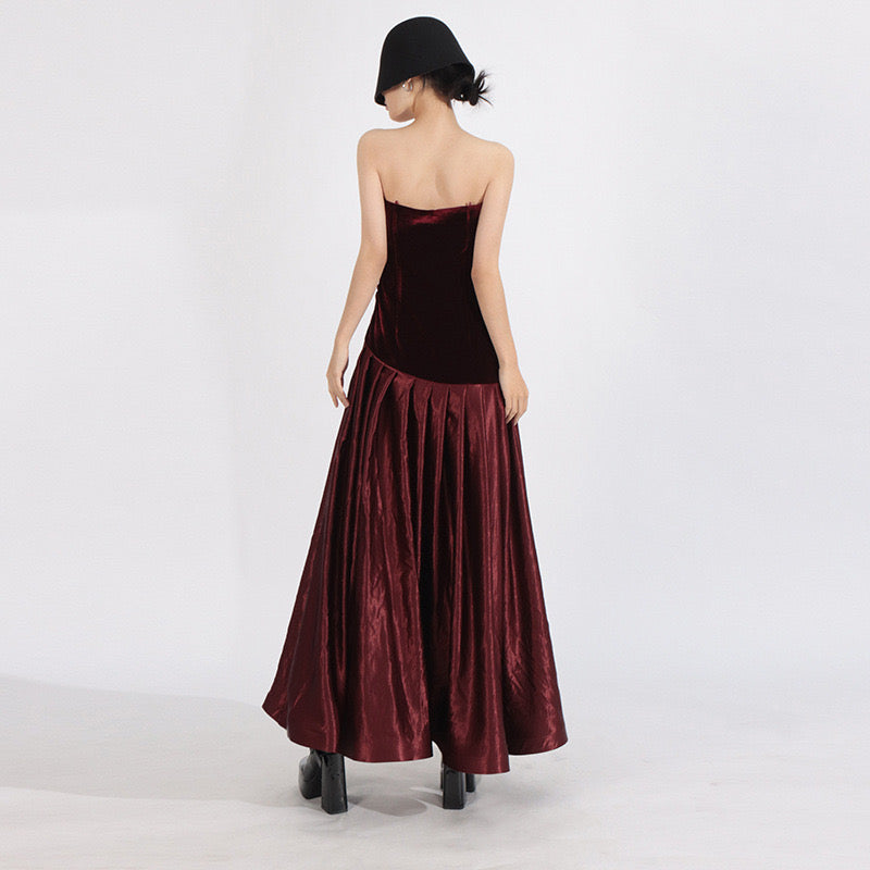 Red velvet satin maxi dress