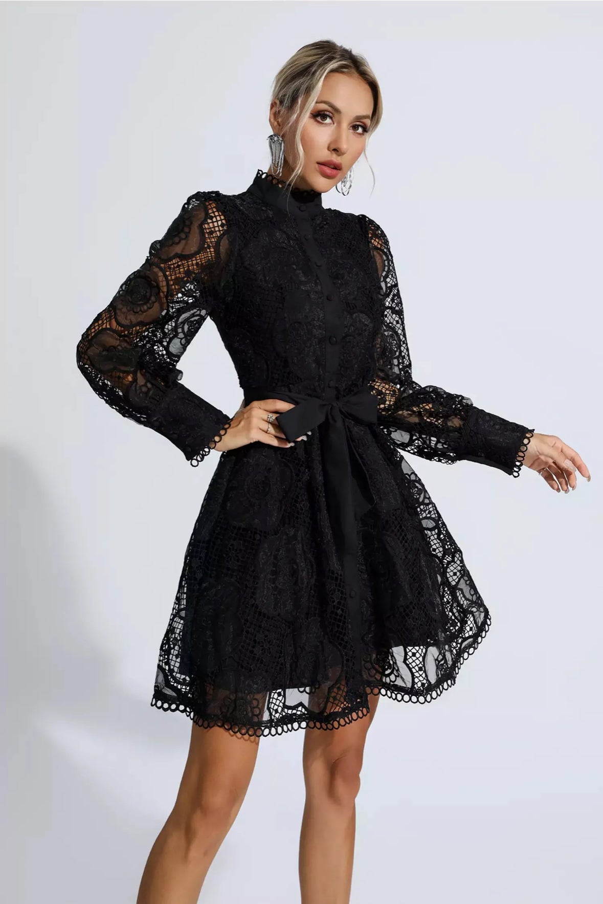 Floral lace tied black  mini dress