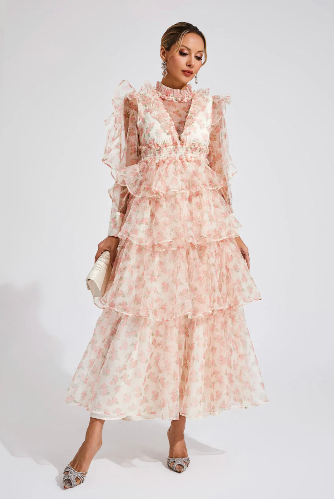 Floral mesh pink midi dress