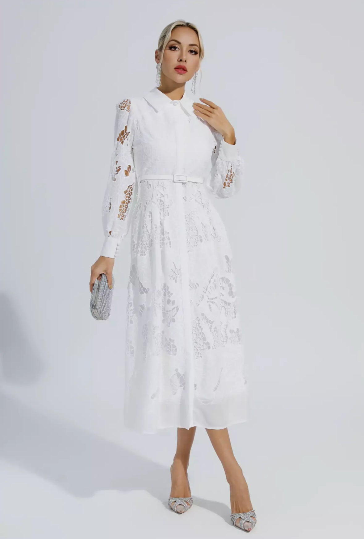 White belted lace midi dress