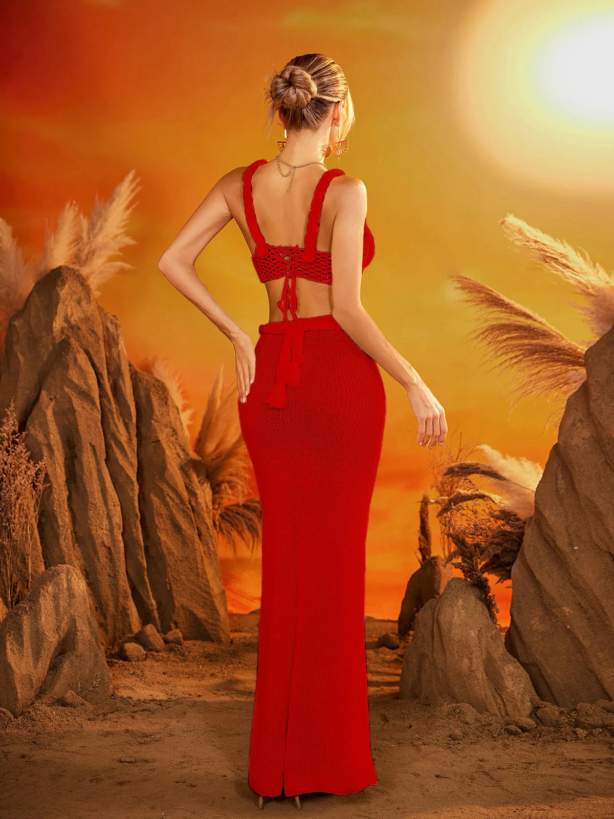Cora Crochet Knit Set-Red