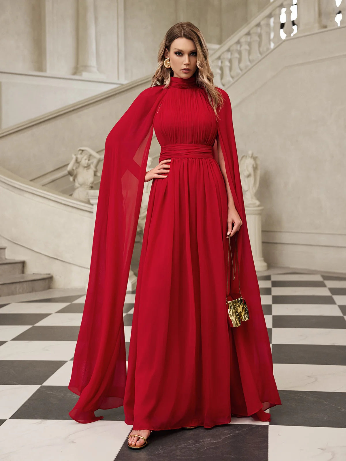 Velena High-Neck Cape Gown