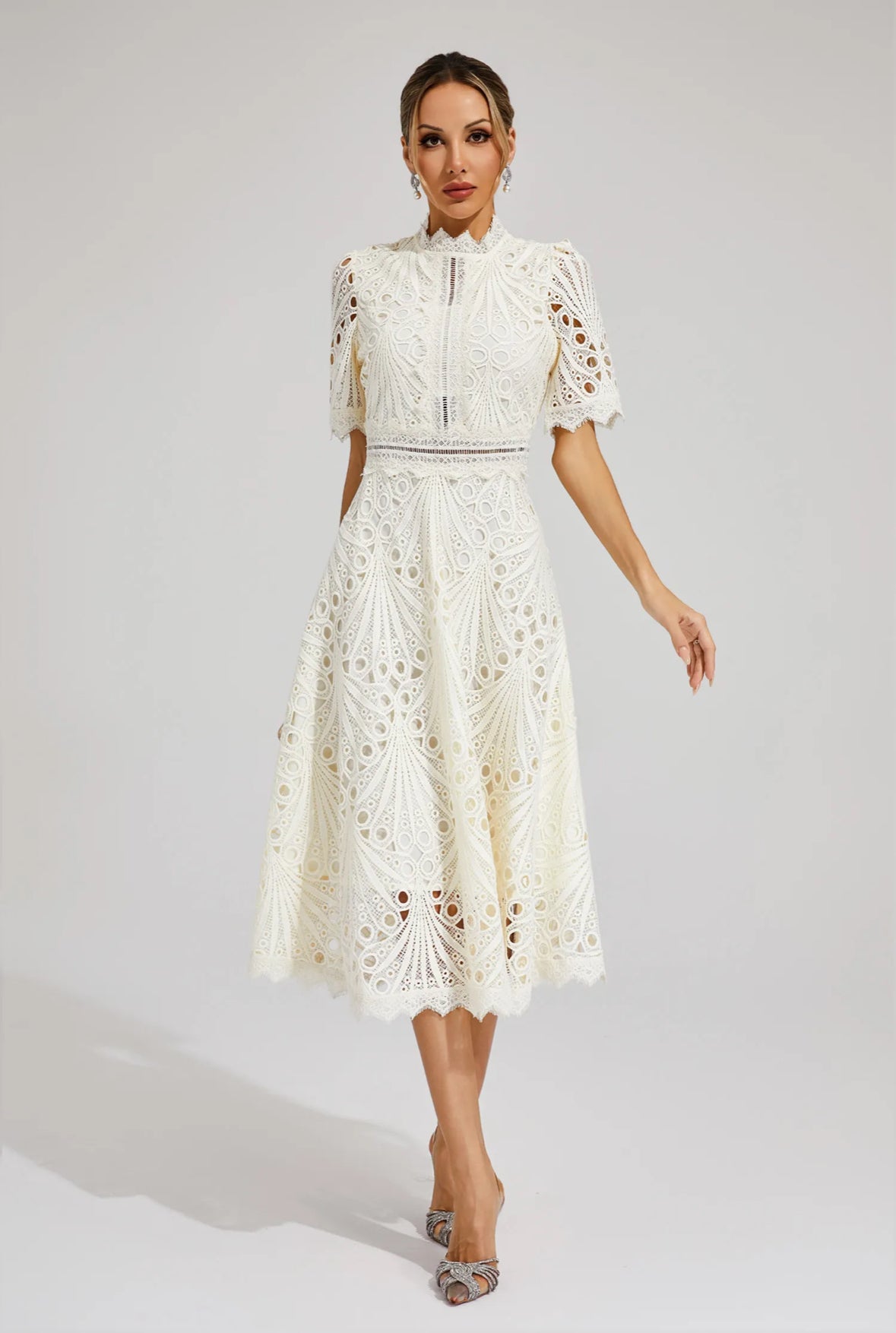 Cutout lace white midi dress