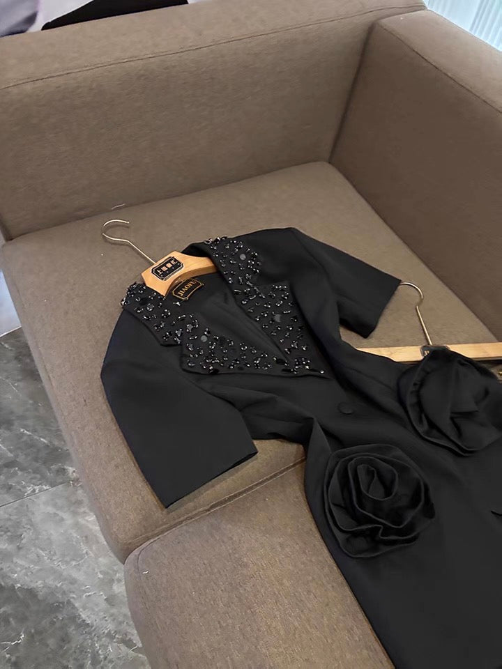 Camélia Flower Blazer Black Suit Set