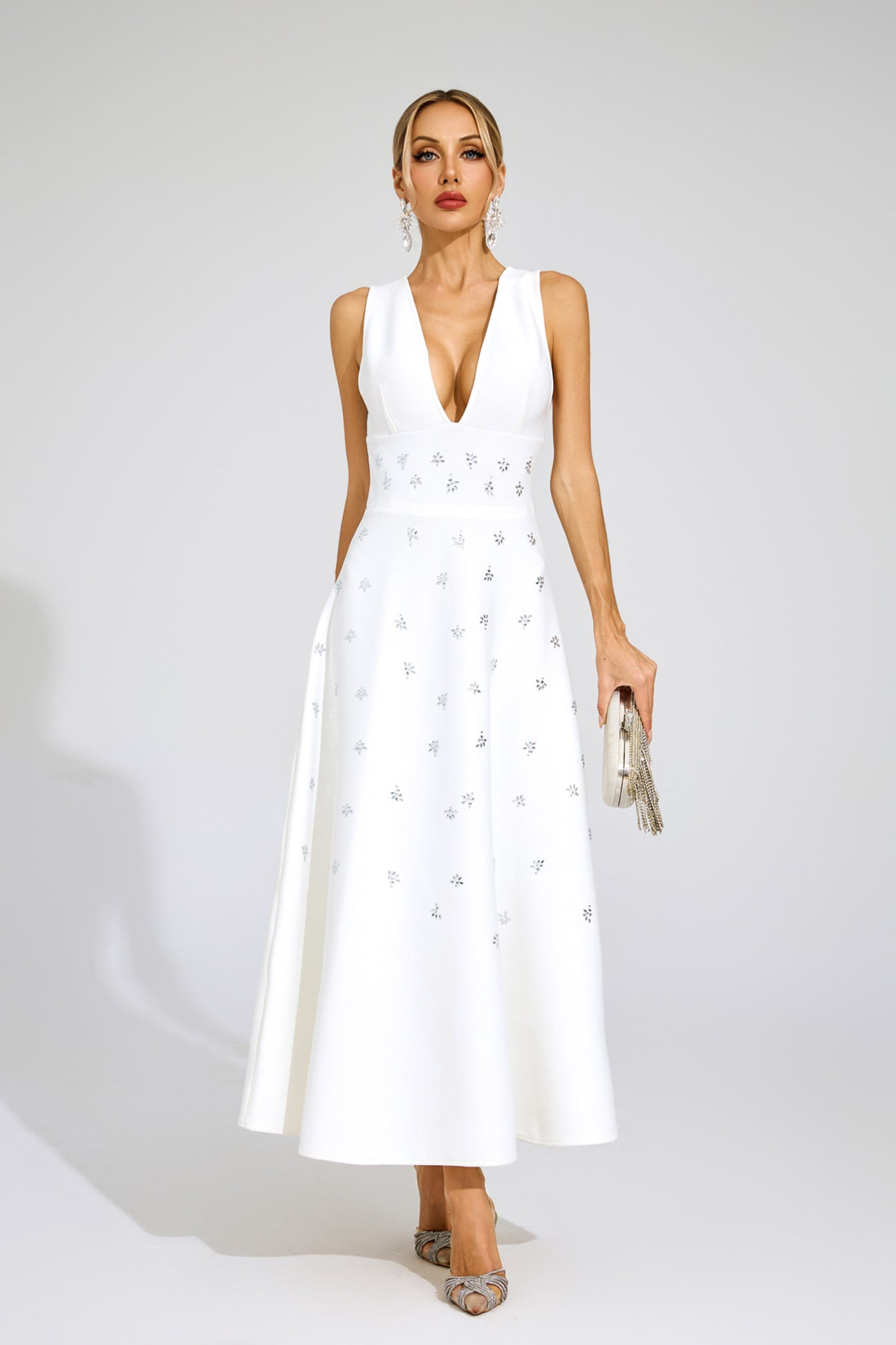 Céleste White Crystal Embellished Gown