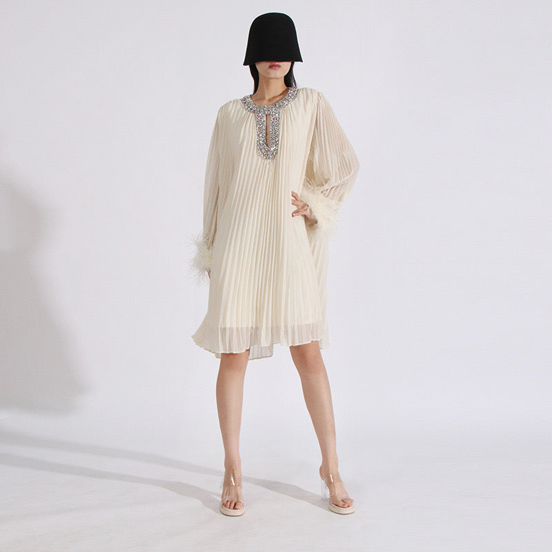 Crystal & feathers embellished mini dress