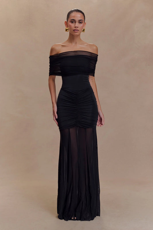 Noir Sheer Ruched Strapless Gown