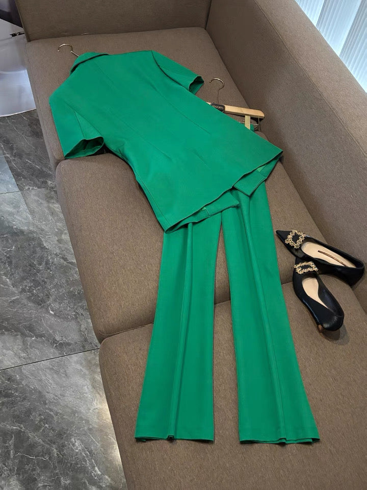 Camélia Flower Blazer Green Suit Set