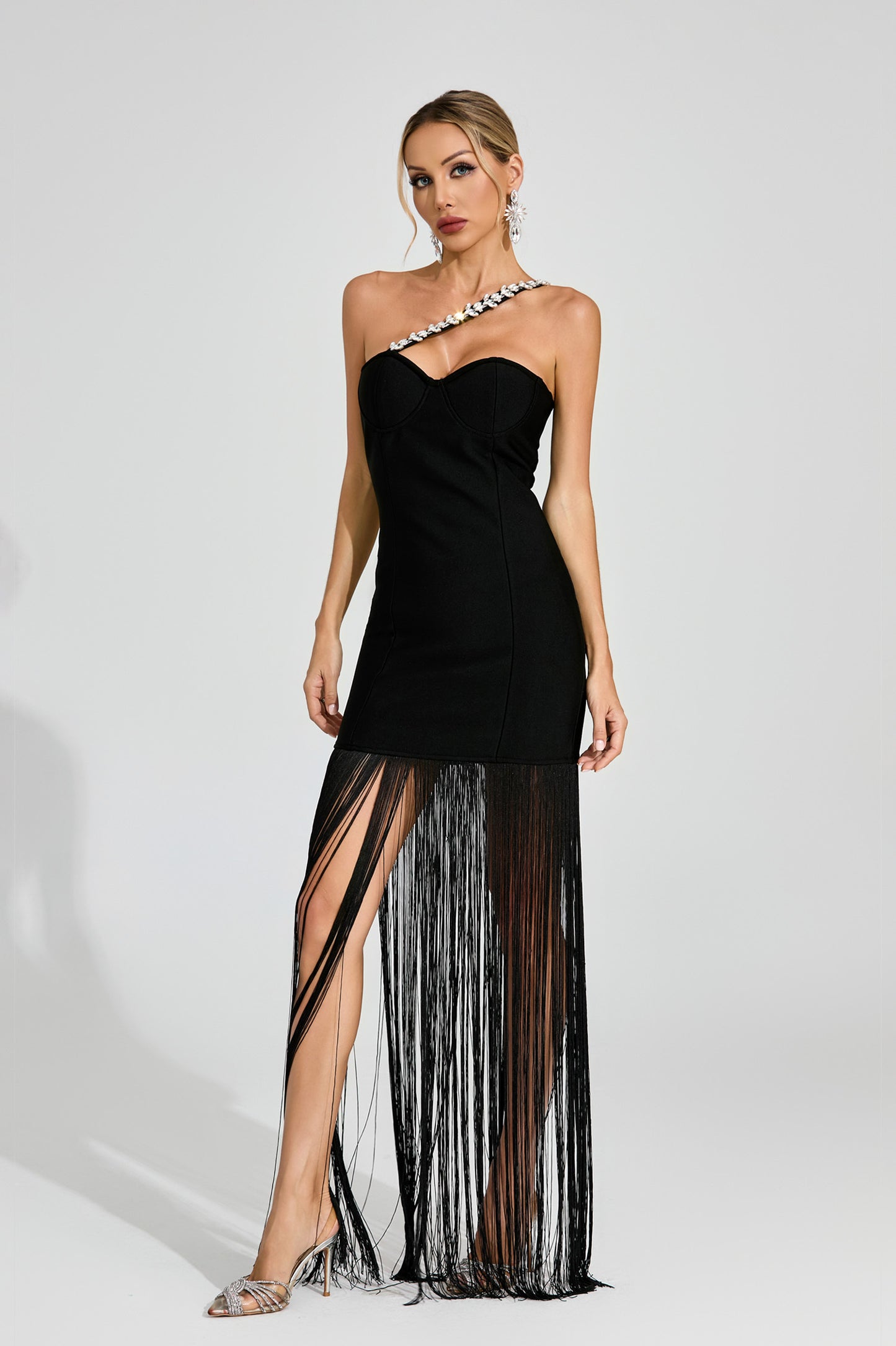 Cassia Crystal Strap Fringe Gown