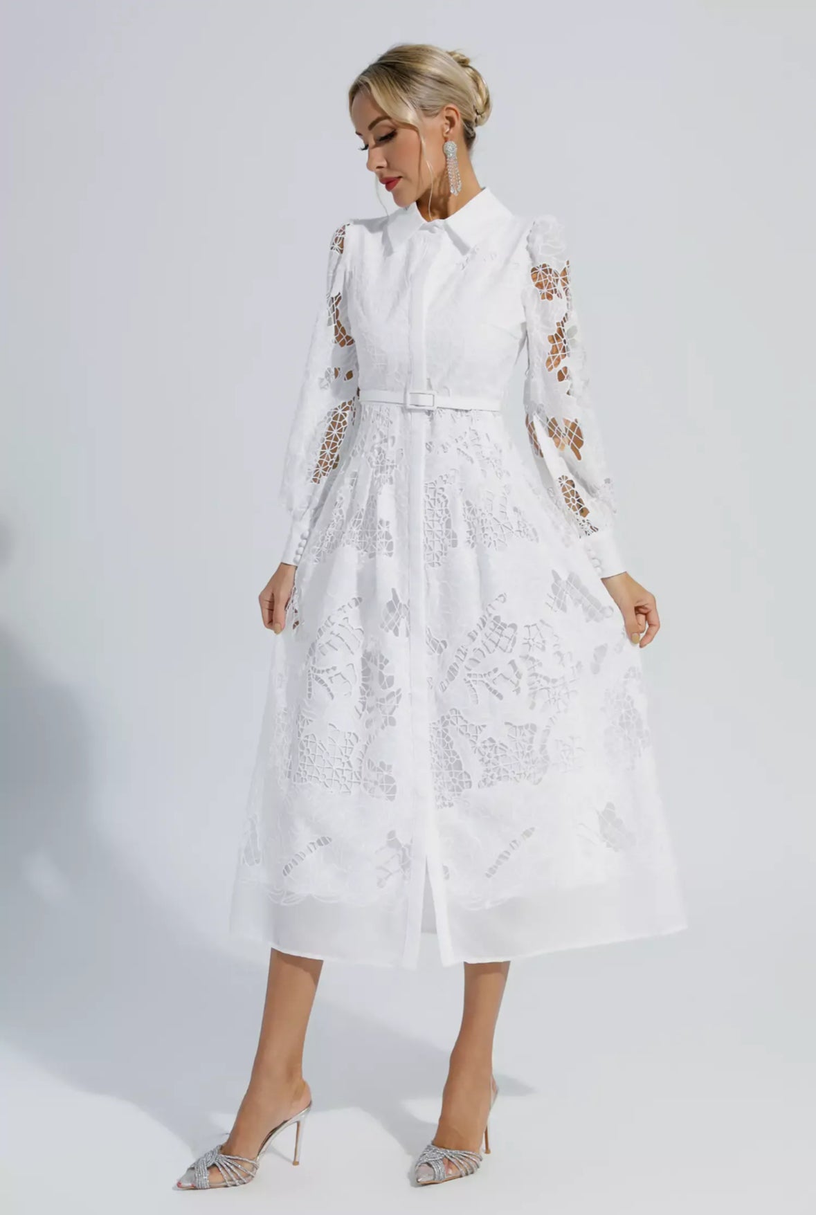 White belted lace midi dress