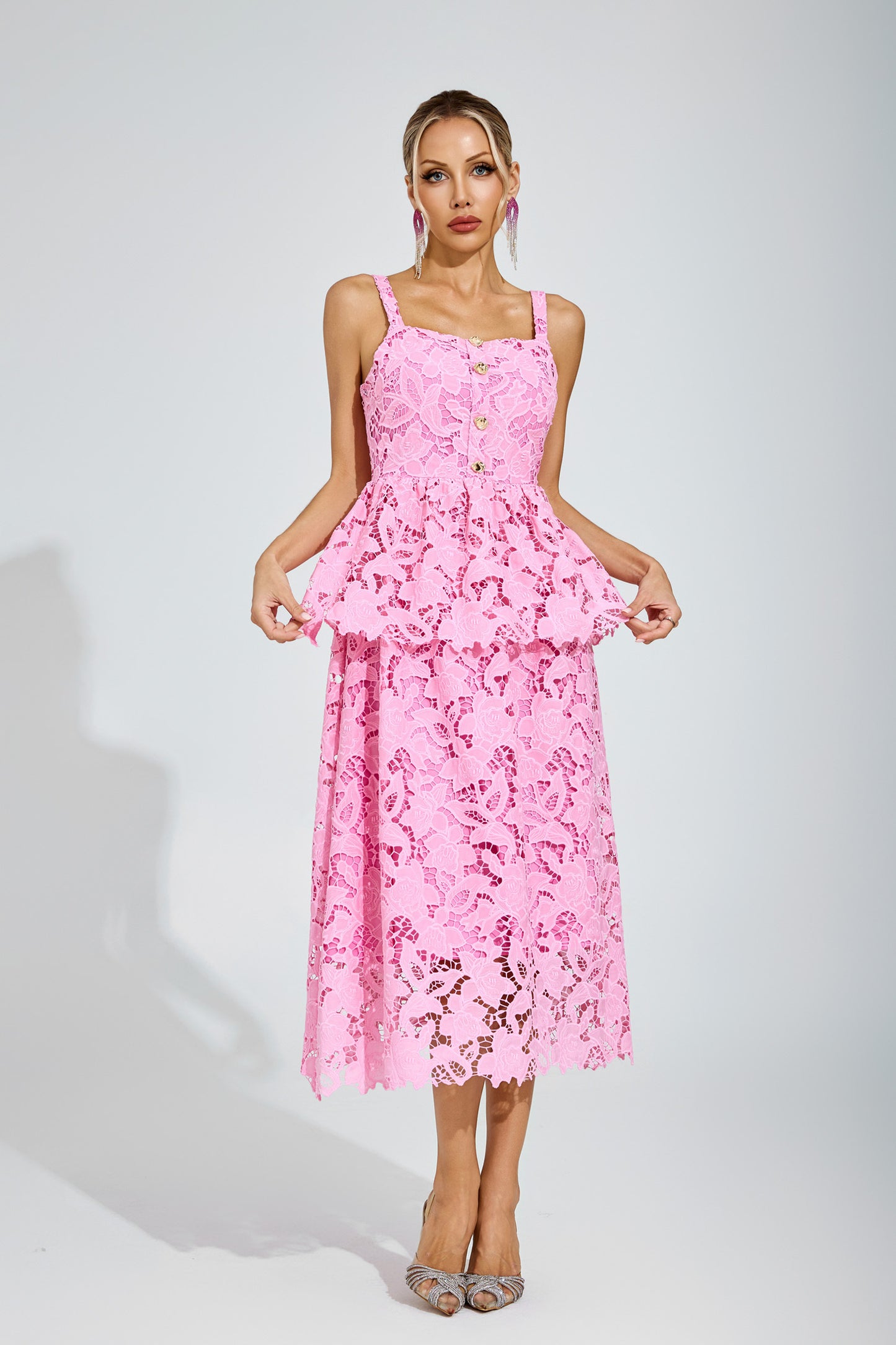 Amélie Pink Lace Peplum Midi Dress