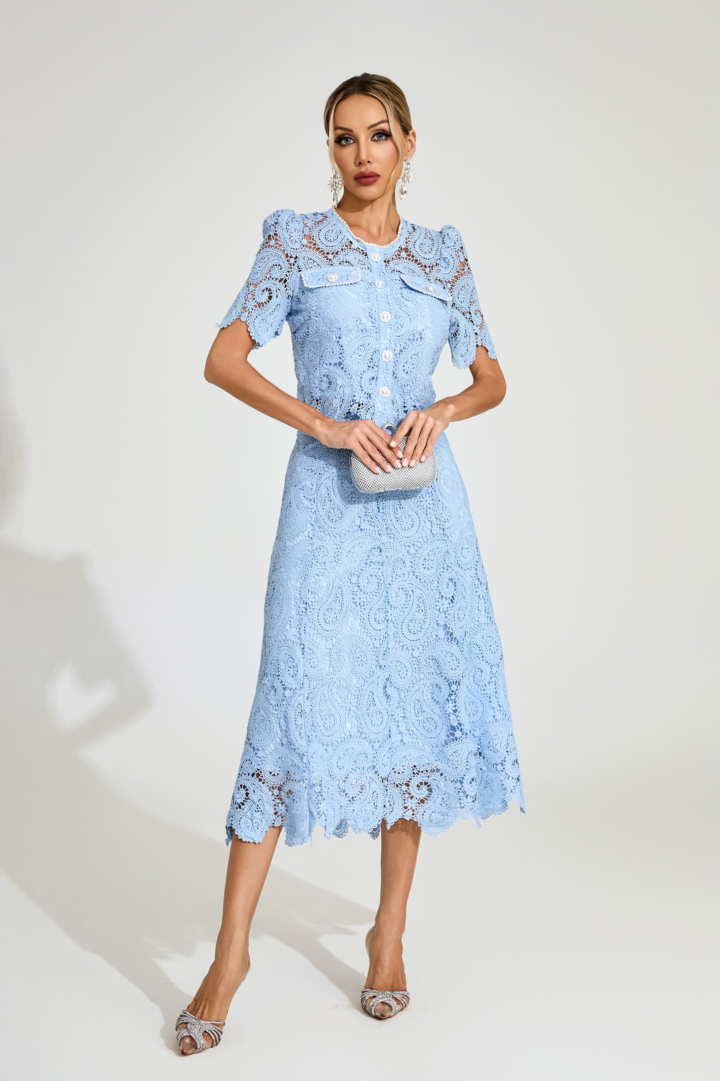 Amélie Sky Lace Midi Skirt & Top Set