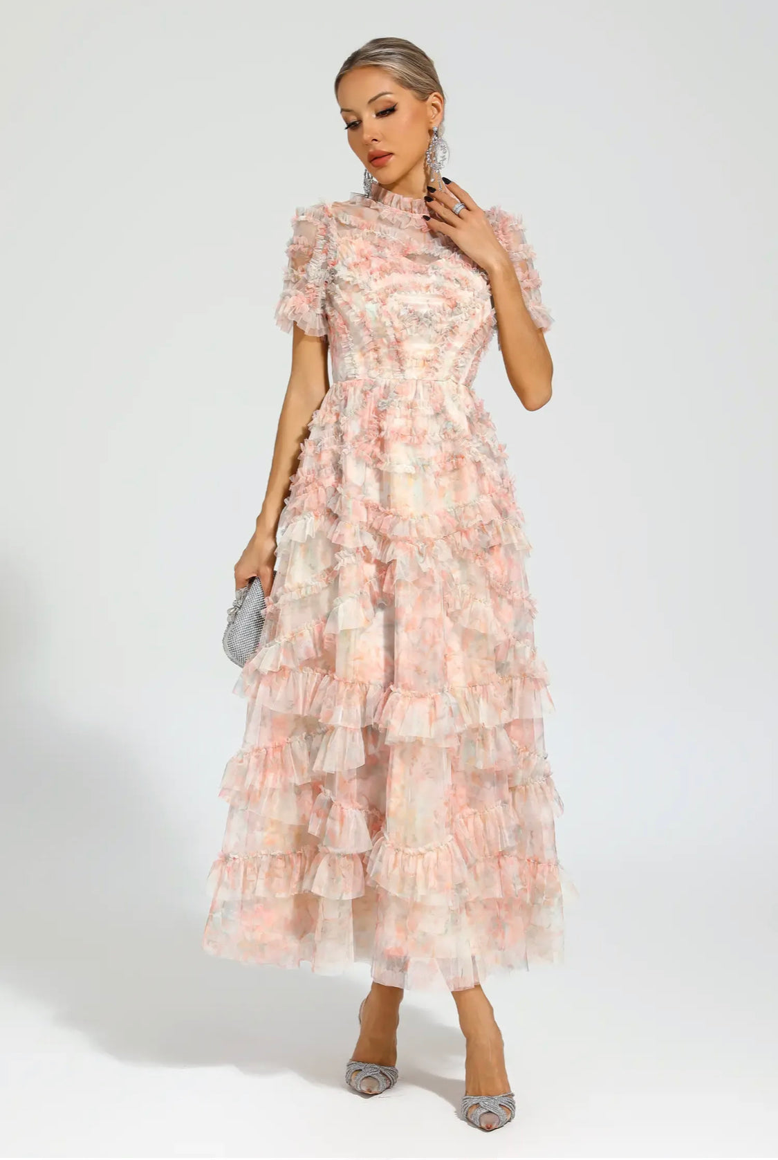 Floral pink short sleeves mesh midi dress (Preorder)