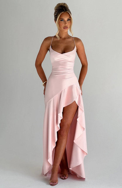 Soleil Draped High-Low Satin Gown