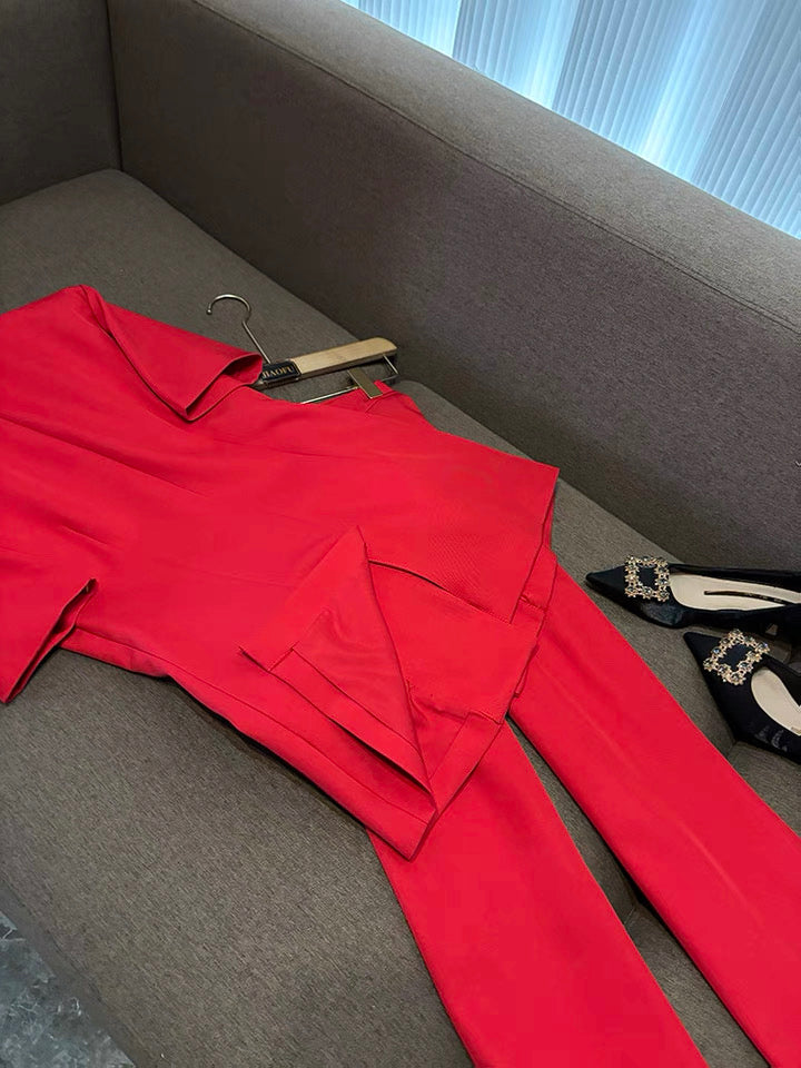 Camélia Flower Blazer Red Suit Set